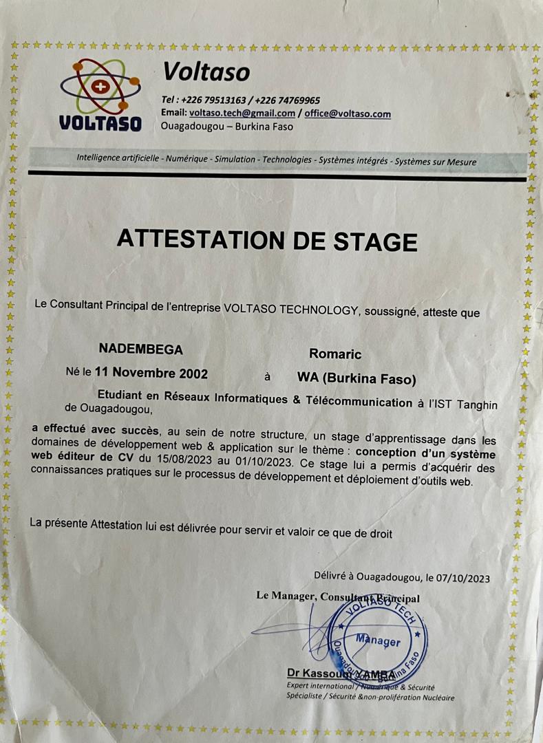 Attestation de stage Voltaso