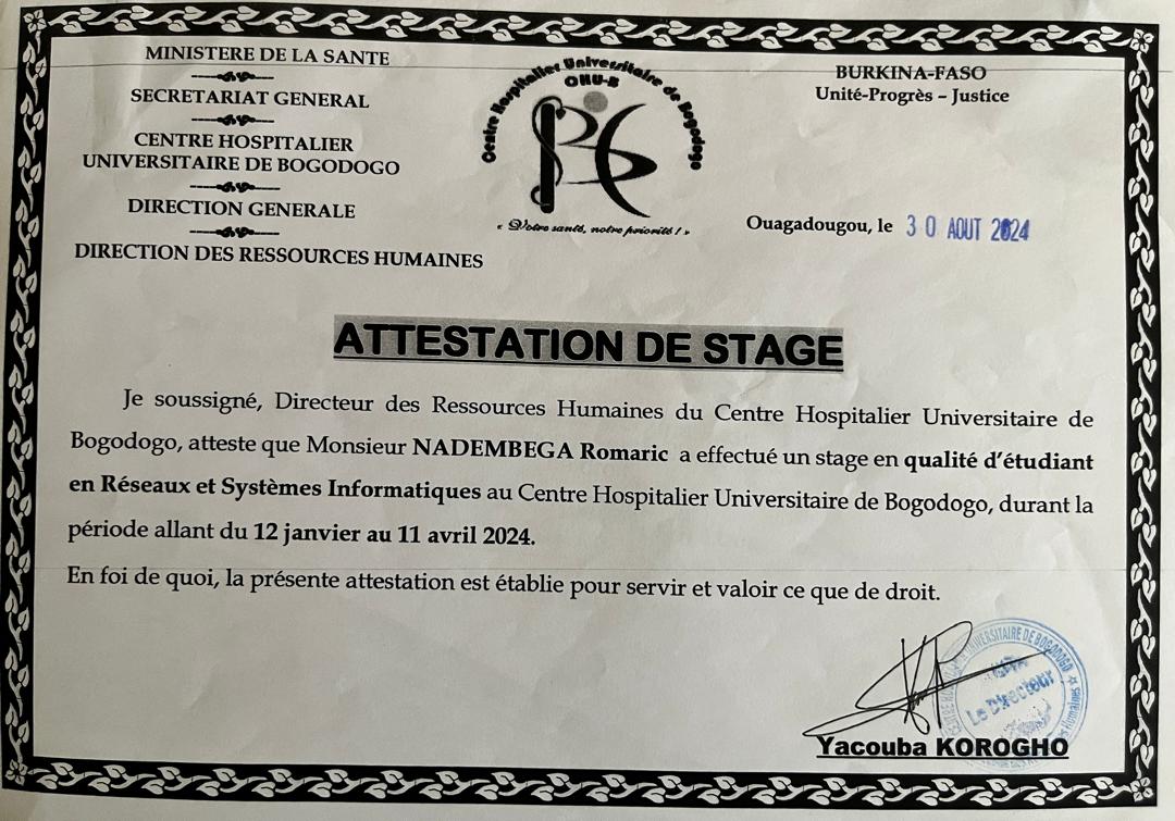 Attestation de stage CHU Bogodogo